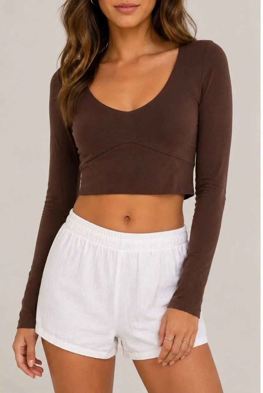 Naked Wardrobe Brown Long Sleeve Crop Top Medium Fitted Minimalist